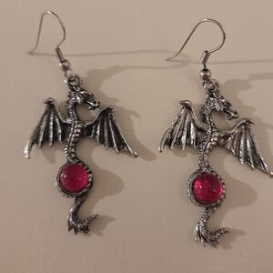 Silver Dragon Earrings with Red Gem
